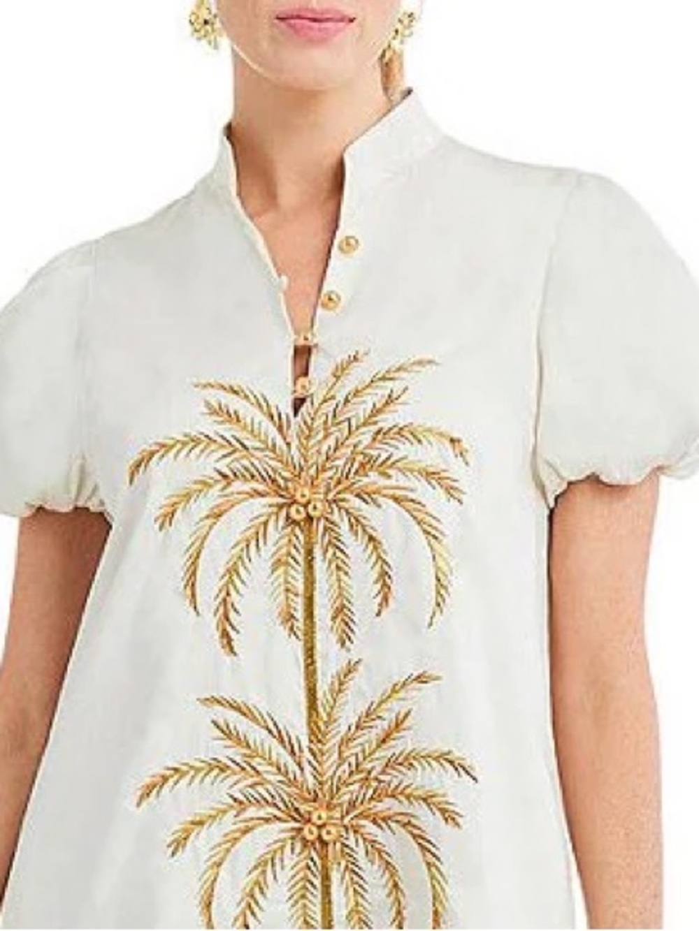 Mestiza Elliana Dress Large Palm Tree Embroidery Short Puff Sleeve Ivory Gold - Picture 5 of 7